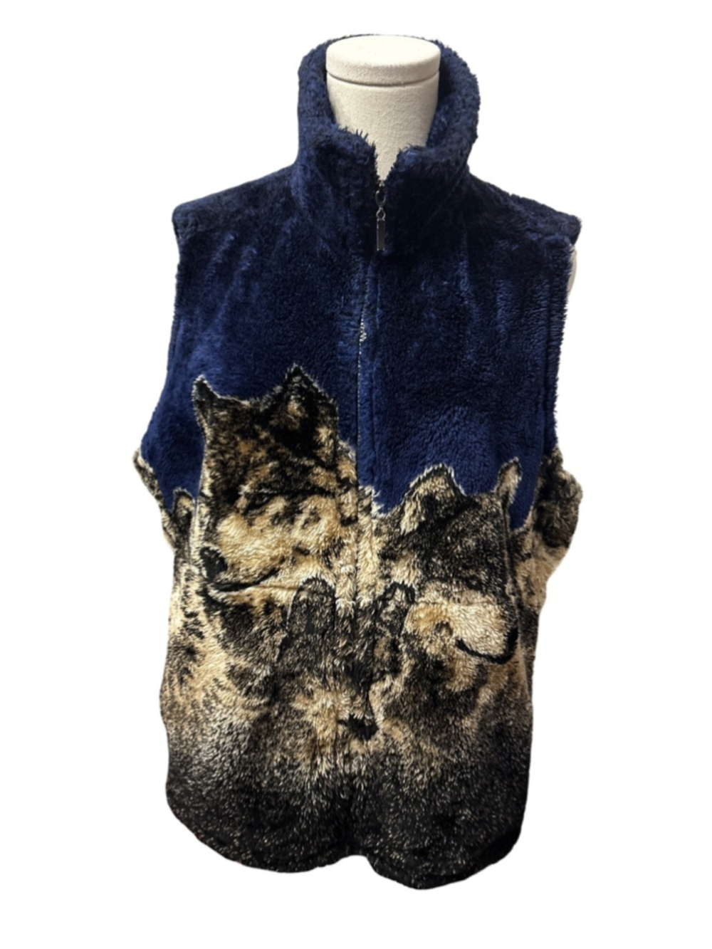 Vintage Mazmania Navy Faux Fur Zip Front Vest with Wolf - size M